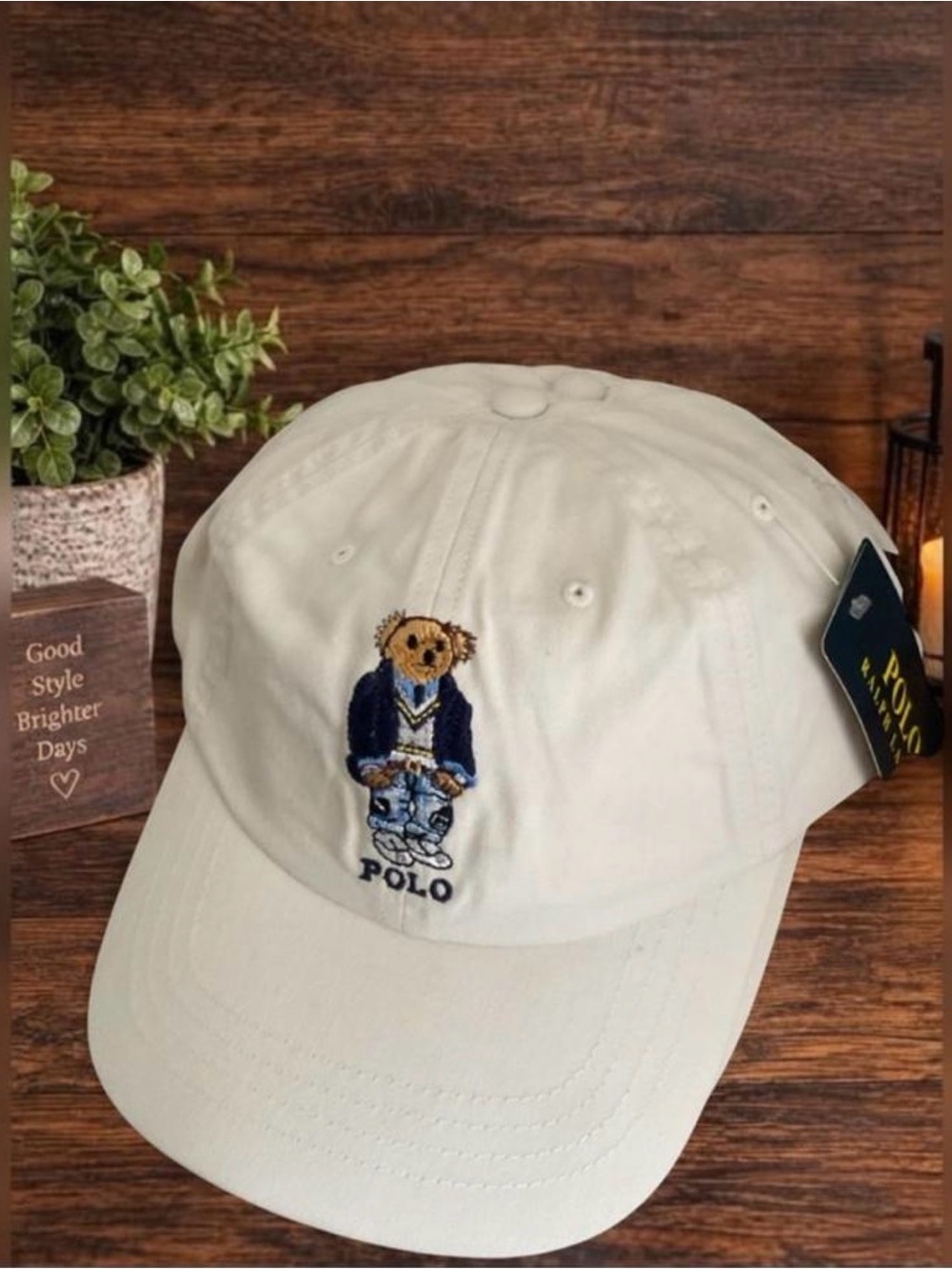 Polo Bear Ralph Lauren Cream white Baseball Cap with Bear Embroidery